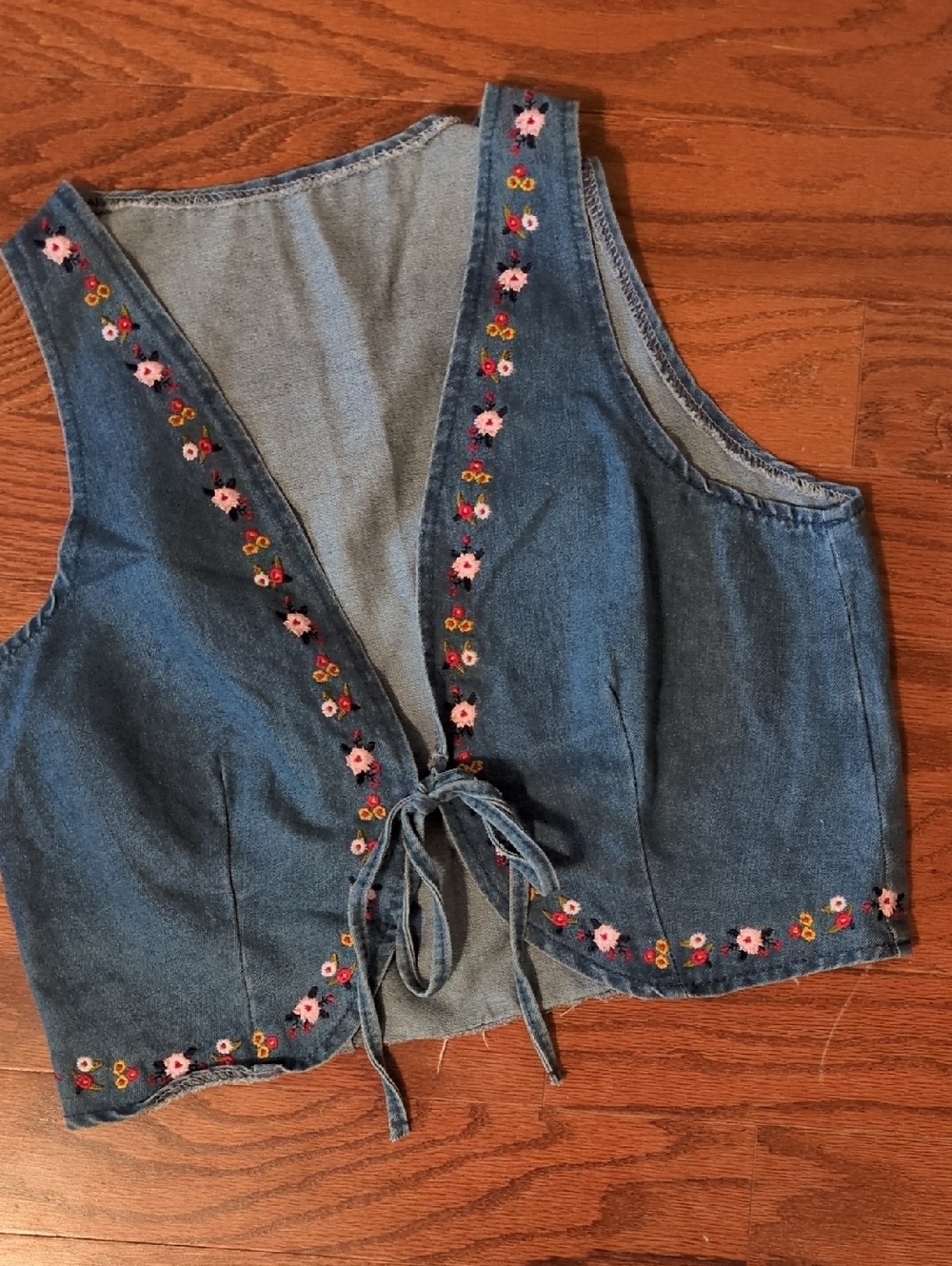 Denim Tie-Front Vest with Floral Embroidery